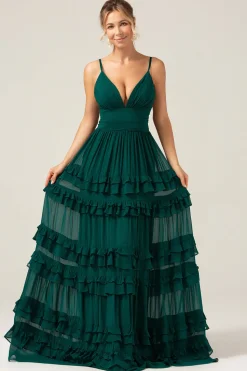 Dark Green A Line Spaghetti Straps Tiered Prom Dress with Pleated
