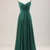 Dark Green A Line Spaghetti Straps Long Chiffon Bridesmaid Dress