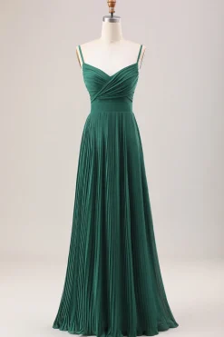Dark Green A Line Spaghetti Straps Long Chiffon Bridesmaid Dress