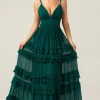 Dark Green A Line Spaghetti Straps Tiered Prom Dress with Pleated