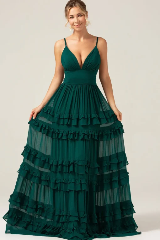Dark Green A Line Spaghetti Straps Tiered Prom Dress with Pleated