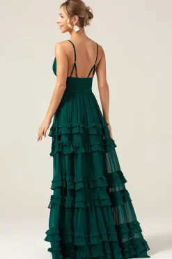 Dark Green A Line Spaghetti Straps Tiered Prom Dress with Pleated
