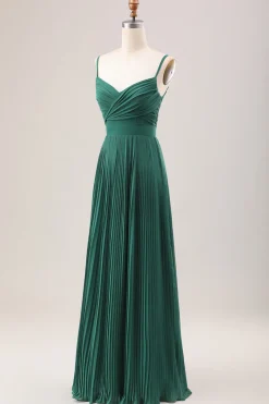 Dark Green A Line Spaghetti Straps Long Chiffon Bridesmaid Dress