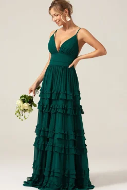 Dark Green A Line Spaghetti Straps Tiered Prom Dress with Pleated