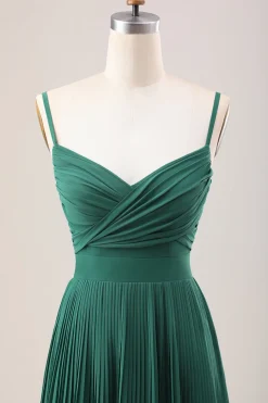 Dark Green A Line Spaghetti Straps Long Chiffon Bridesmaid Dress