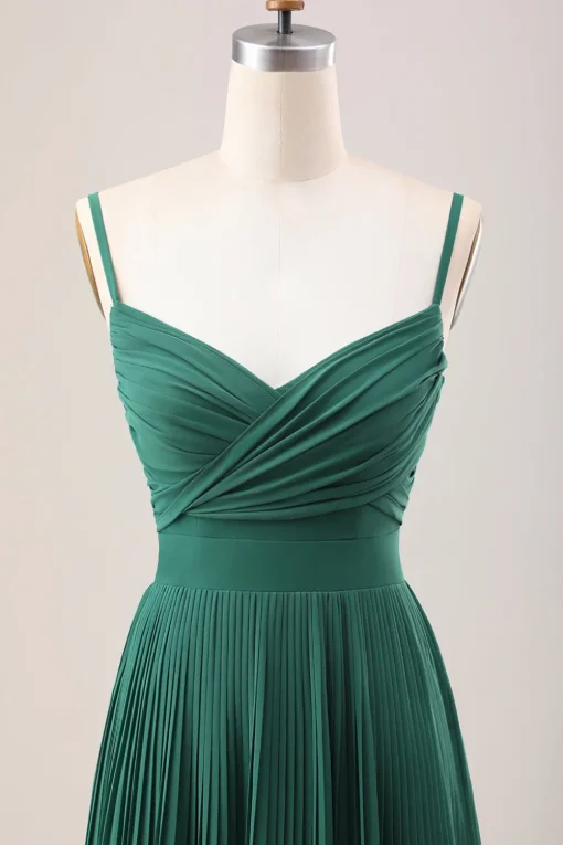 Dark Green A Line Spaghetti Straps Long Chiffon Bridesmaid Dress
