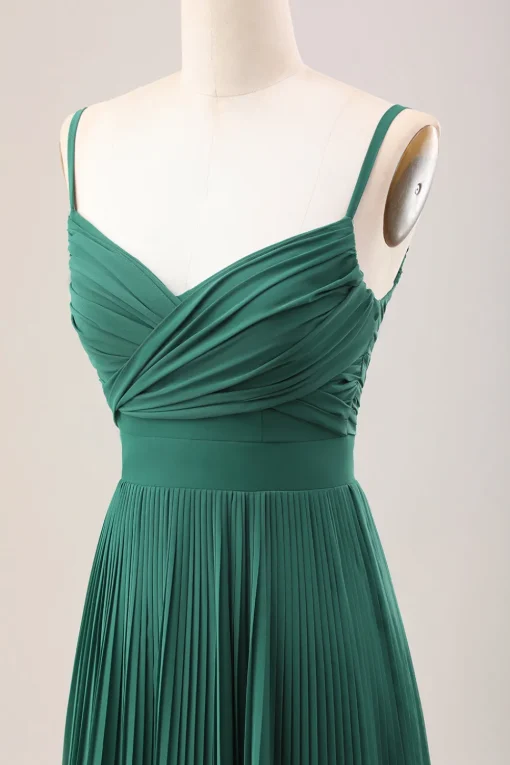 Dark Green A Line Spaghetti Straps Long Chiffon Bridesmaid Dress