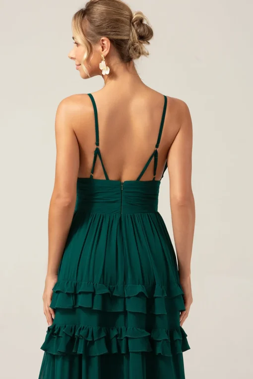Dark Green A Line Spaghetti Straps Tiered Prom Dress with Pleated