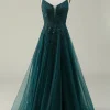 Dark Green A Line Tulle Appliques Prom Dress with Slit