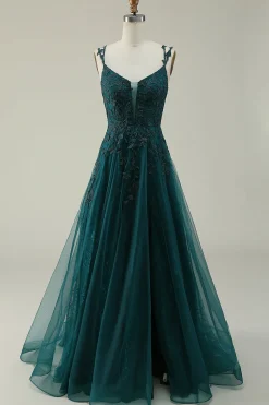 Dark Green A Line Tulle Appliques Prom Dress with Slit