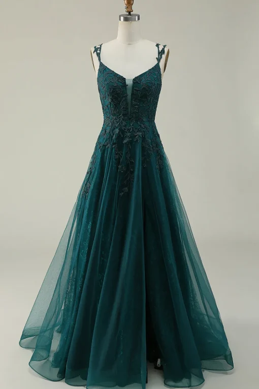 Dark Green A Line Tulle Appliques Prom Dress with Slit