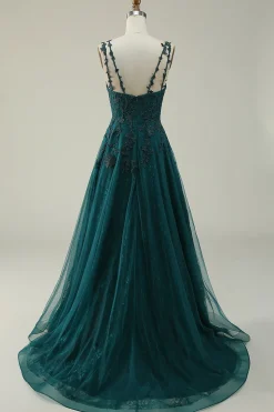 Dark Green A Line Tulle Appliques Prom Dress with Slit