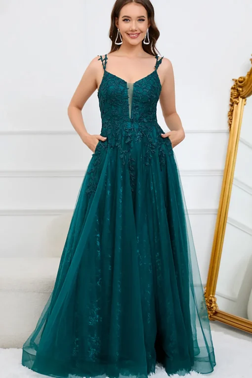 Dark Green A Line Tulle Appliques Prom Dress with Slit