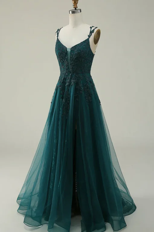 Dark Green A Line Tulle Appliques Prom Dress with Slit