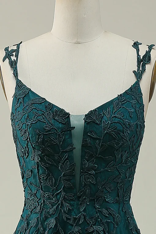 Dark Green A Line Tulle Appliques Prom Dress with Slit