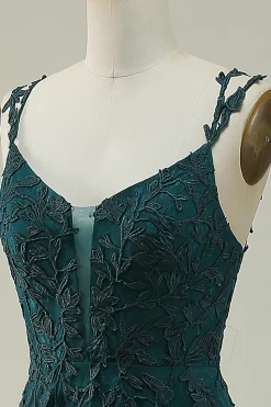 Dark Green A Line Tulle Appliques Prom Dress with Slit