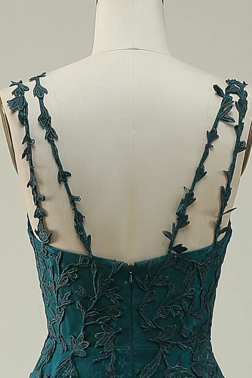 Dark Green A Line Tulle Appliques Prom Dress with Slit