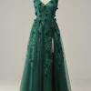Dark Green A Line Tulle Prom Dress with Slit