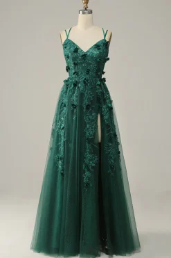 Dark Green A Line Tulle Prom Dress with Slit