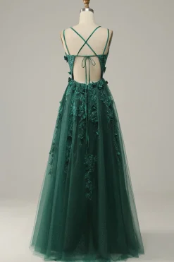 Dark Green A Line Tulle Prom Dress with Slit