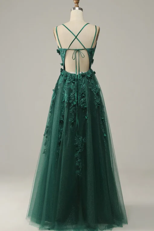 Dark Green A Line Tulle Prom Dress with Slit
