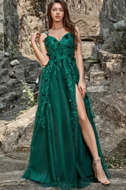 Dark Green A Line Tulle Prom Dress with Slit