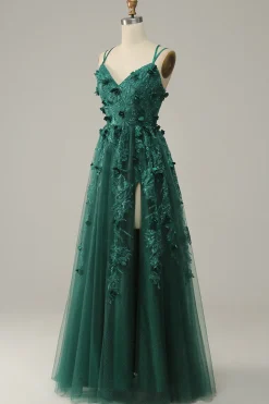 Dark Green A Line Tulle Prom Dress with Slit