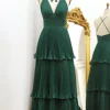 Dark Green A Line V-neck Pleated Prom Dress