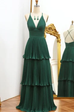 Dark Green A Line V-neck Pleated Prom Dress