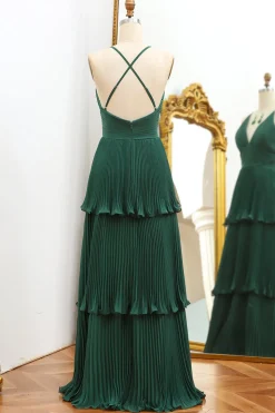 Dark Green A Line V-neck Pleated Prom Dress