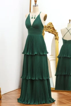 Dark Green A Line V-neck Pleated Prom Dress