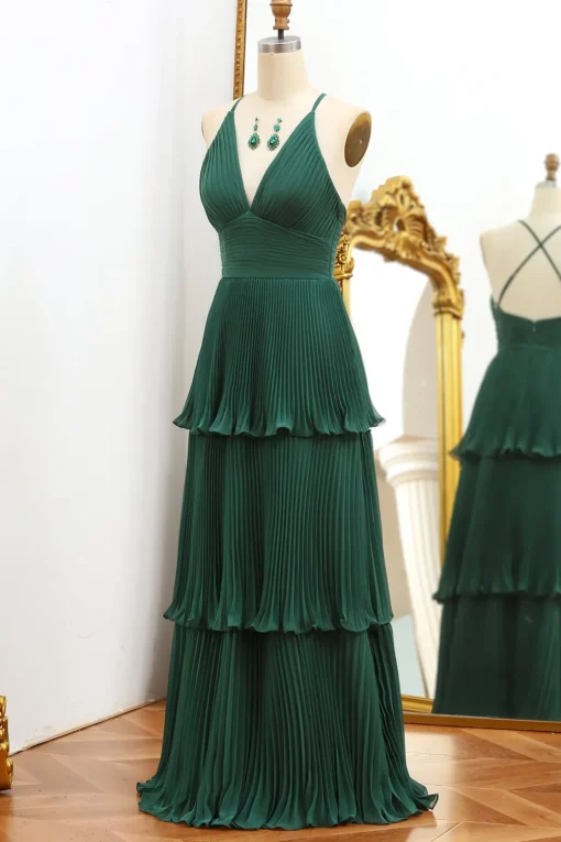 Dark Green A Line V-neck Pleated Prom Dress