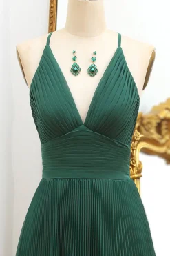 Dark Green A Line V-neck Pleated Prom Dress
