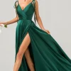 Dark Green A-Line Spaghetti Straps Ruched Long Bridesmaid Dress with Slit