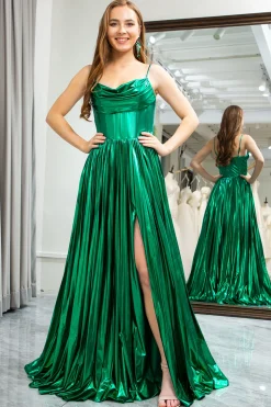 Dark Green A-line Spaghetti Straps Corset Prom Dress with Slit