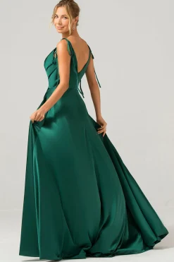Dark Green A-Line Spaghetti Straps Ruched Long Bridesmaid Dress with Slit