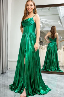 Dark Green A-line Spaghetti Straps Corset Prom Dress with Slit