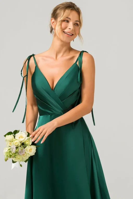 Dark Green A-Line Spaghetti Straps Ruched Long Bridesmaid Dress with Slit