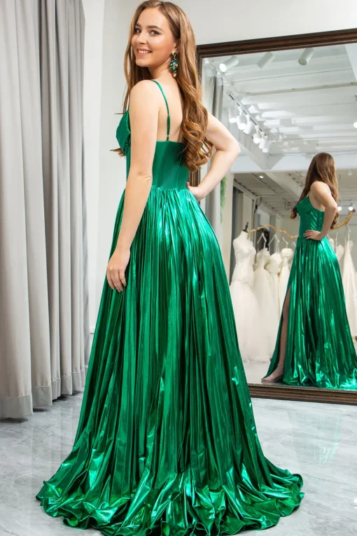 Dark Green A-line Spaghetti Straps Corset Prom Dress with Slit