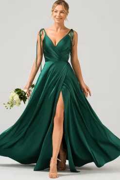 Dark Green A-Line Spaghetti Straps Ruched Long Bridesmaid Dress with Slit