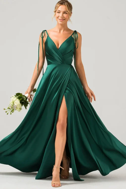 Dark Green A-Line Spaghetti Straps Ruched Long Bridesmaid Dress with Slit