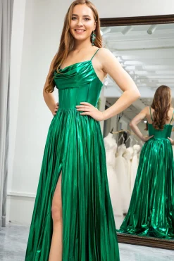 Dark Green A-line Spaghetti Straps Corset Prom Dress with Slit