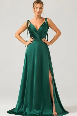 Dark Green A-Line Spaghetti Straps Ruched Long Bridesmaid Dress with Slit
