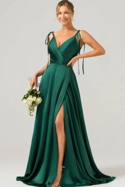 Dark Green A-Line Spaghetti Straps Ruched Long Bridesmaid Dress with Slit