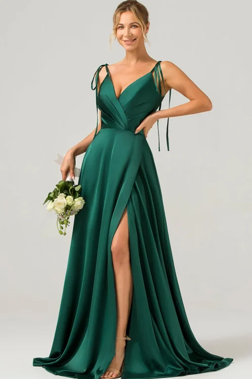 Dark Green A-Line Spaghetti Straps Ruched Long Bridesmaid Dress with Slit