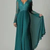 Dark Green Appliques Flare Sleeves V Neck Pleated Sheath Mother of The Bride Dress