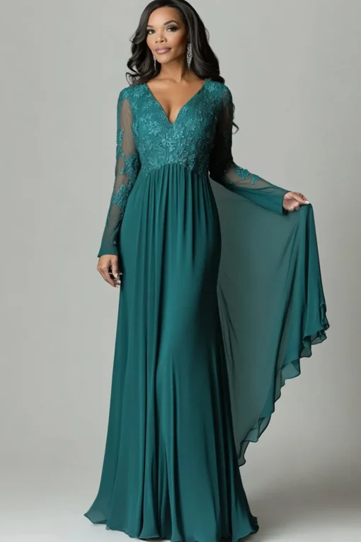 Dark Green Appliques Flare Sleeves V Neck Pleated Sheath Mother of The Bride Dress