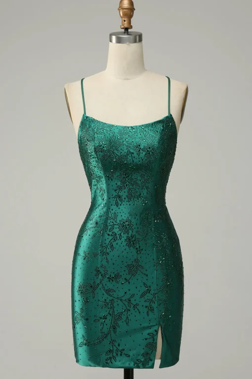 Dark Green Beaded Bodycon Prom Dress With Criss Cross Back