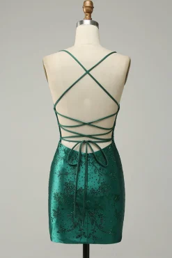 Dark Green Beaded Bodycon Prom Dress With Criss Cross Back