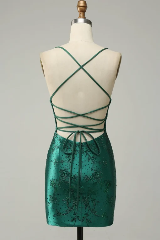 Dark Green Beaded Bodycon Prom Dress With Criss Cross Back